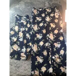 JustFab Navy Blue Floral Two Piece Matching Set Top Wide Leg Pants Large NWT